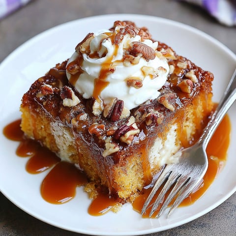 A slice of pumpkin poke cake with caramel and bourbon drizzled on top.