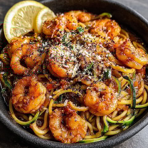 A bowl of shrimp scampi with zucchini noodles.