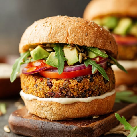 A vegan burger with avocado, tomato, and lettuce.