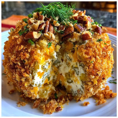 A dill pickle cheese ball delight is cut in half.