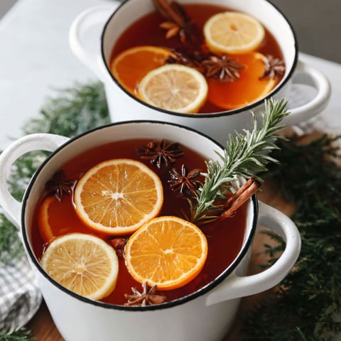 Two bowls of wassail with oranges and cinnamon.